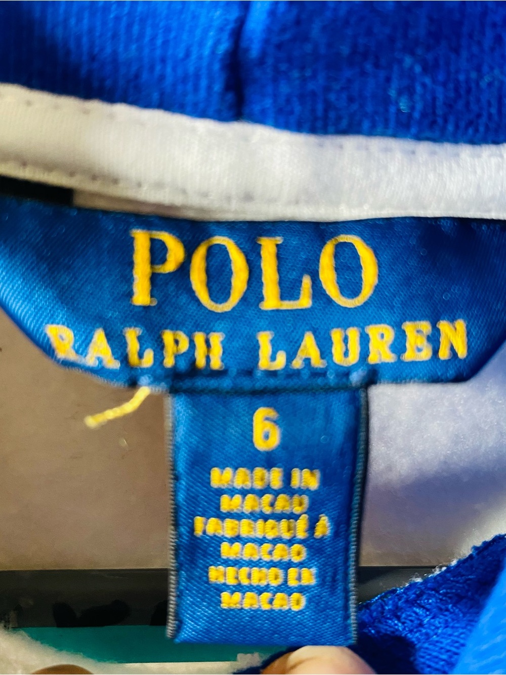 Polo by Ralph Lauren White Hoodie with Blue Hood, Green Hem & Colorful Trim - Picture 9 of 10